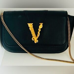 Versace Virtus Black Crossbody Bag with Gold Accent Authentic
